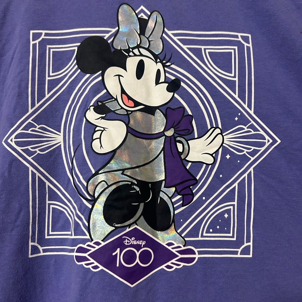 Disney 100 Minnie Mouse Purple Graphic Tee – Silver Shimmer Accents – Size Large